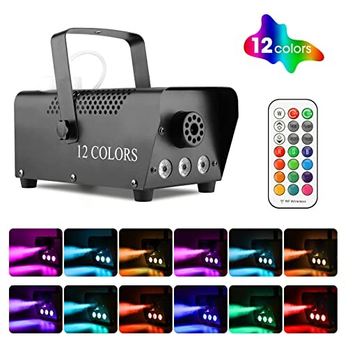 The 12-color LED stage light with remote control and color examples is a great addition to any Halloween party or fall gathering.
