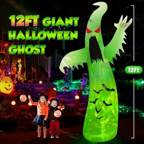 12ft giant inflatable Halloween ghost decoration with kids holding pumpkins.