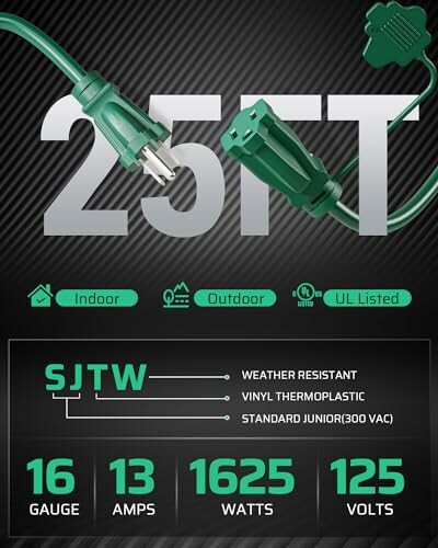 25ft green extension cord details: indoor/outdoor, UL listed, SJTW weather resistant, 16 gauge, 13 amps, 1625 watts, 125 volts.