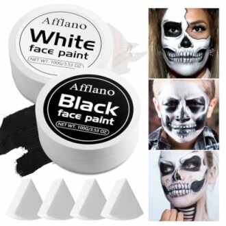 Afflano white and black face paint with examples of skull designs.