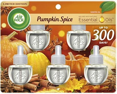 Air Wick Pumpkin Spice scented oil pack with autumn imagery.