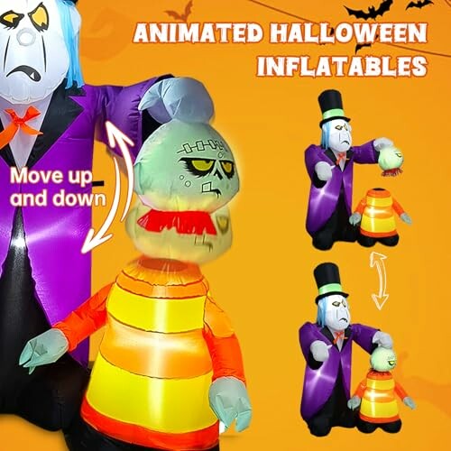 Animated Halloween inflatables with ghost and zombie figures.