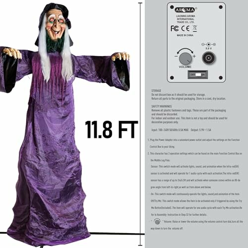 Animatronic witch decoration with control panel and height indicator.