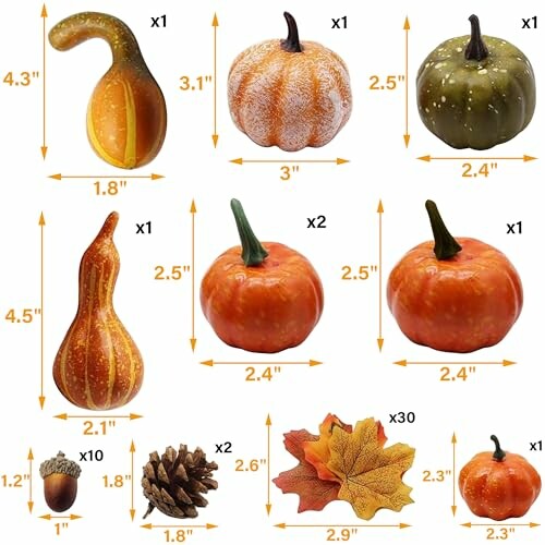 Assorted artificial pumpkins, gourds, and autumn leaves for decoration.