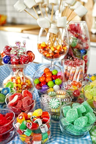 Assorted colorful candies and marshmallows in glass bowls and jars.