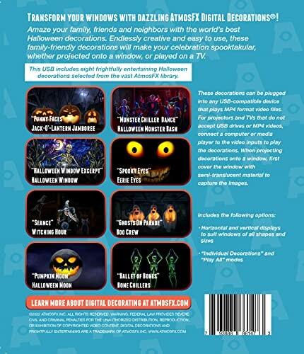 AtmosFX Halloween digital decorations product packaging with various themes.