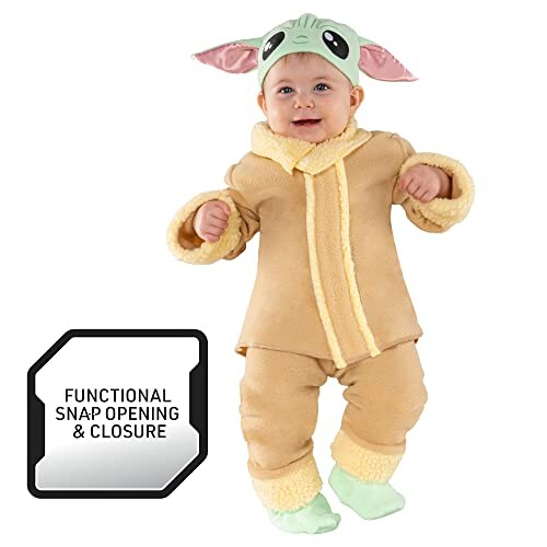 Baby in a Yoda-inspired costume with functional snap closure.