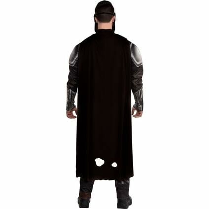 Back view of a person in a superhero costume with cape and armor.