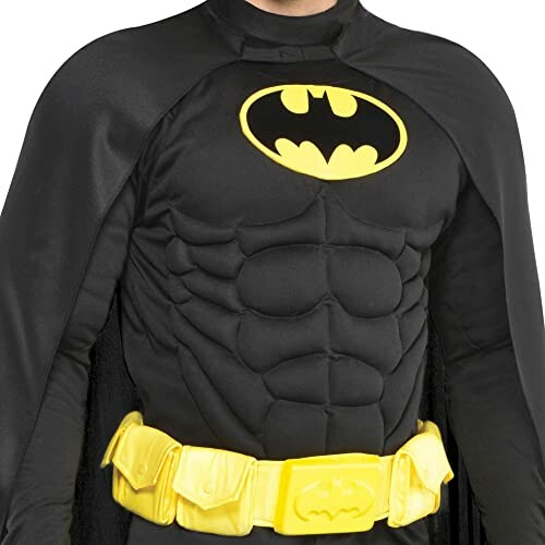 Close-up of a Batman costume torso with a yellow belt and bat emblem.