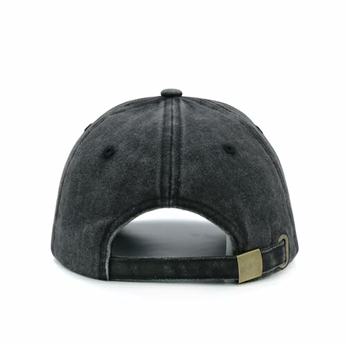 Back view of a black denim baseball cap with adjustable strap.