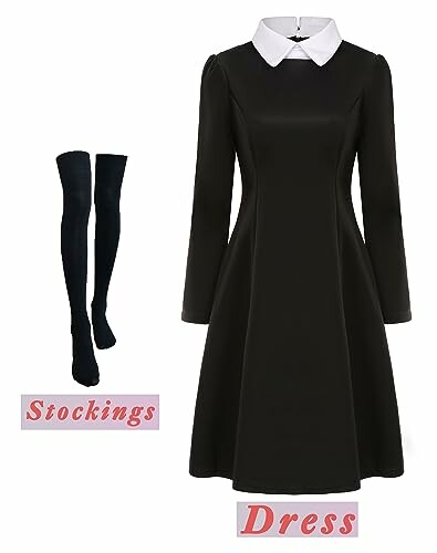 Black dress with white collar and black stockings.