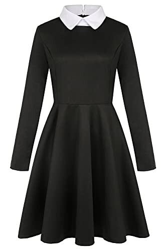 Black dress with white collar and long sleeves.