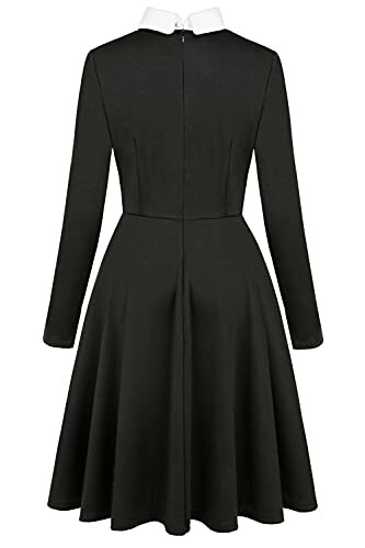 Back view of a black dress with a white collar and long sleeves.