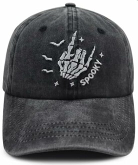 Black cap with skeleton hand and spooky text embroidery