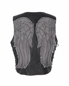 Black leather vest with angel wings design on the back.