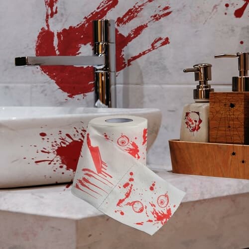 Bathroom sink with red splatter decor and matching toilet paper.