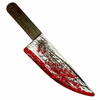 Fake bloody knife with wooden handle for costumes.