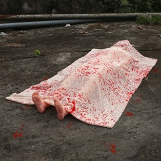 Prank image of a person under a blood-splattered sheet on the ground.