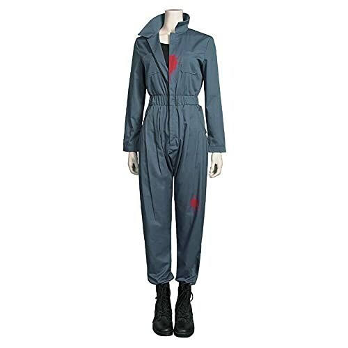 Blue coverall costume with red stains and black boots