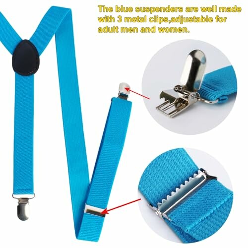 Blue suspenders with adjustable metal clips for adults.