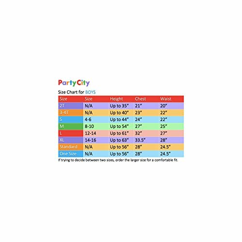 Boys size chart with measurements for height, chest, and waist.