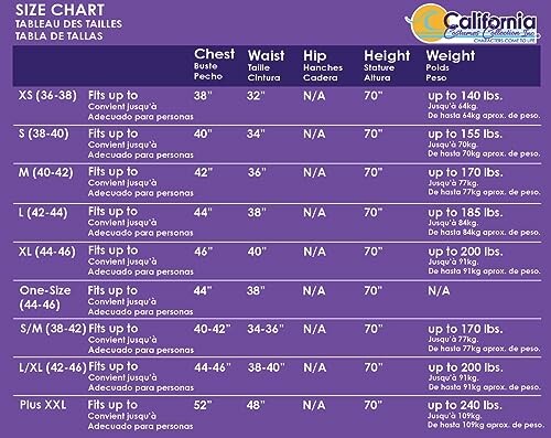 California Costume size chart with chest, waist, hip, height, and weight details.