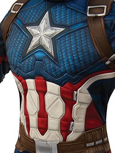 Close-up of a superhero costume with a star and red, white, and blue design.