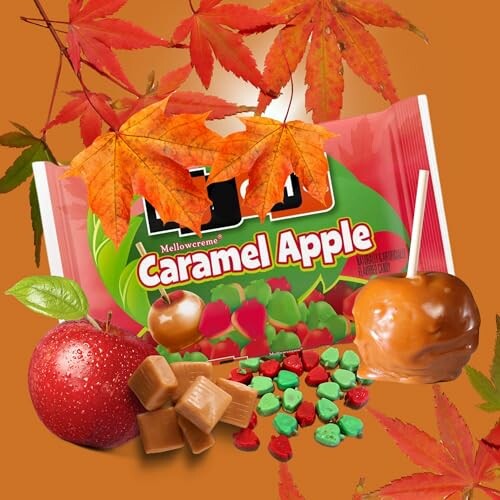 Caramel apple candy with leaves and treats