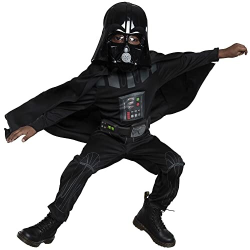 Child in a black sci-fi villain costume with helmet and cape.