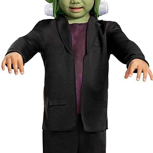 Child wearing a Frankenstein costume with green face and black suit