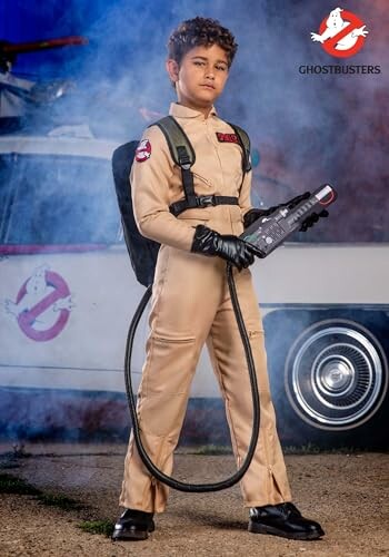 Child in Ghostbusters costume with proton pack