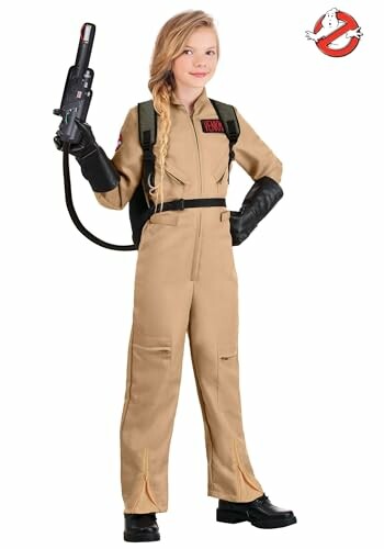 Child in Ghostbusters costume holding a prop proton pack.