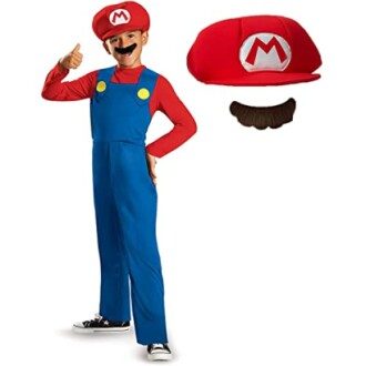 Child wearing a Mario costume with red hat and mustache.