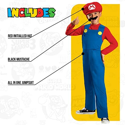 Child wearing a Mario costume with hat, mustache, and jumpsuit.