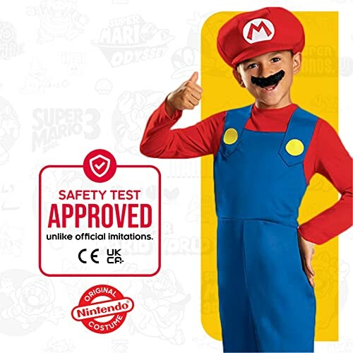 Child in a Mario costume with red hat and blue overalls giving thumbs up.