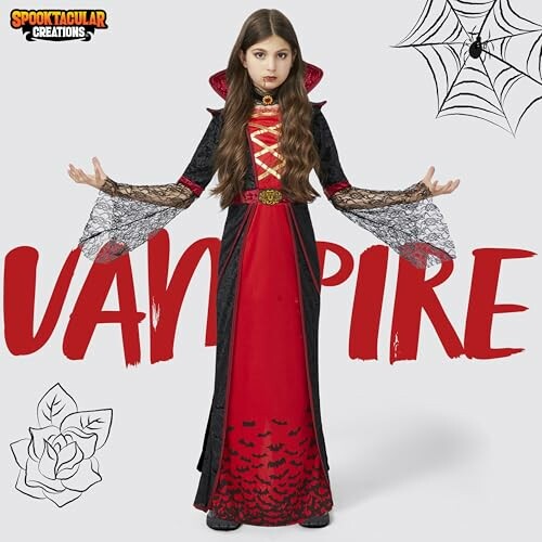 Child in a red and black vampire costume with decorative spider webs and roses.