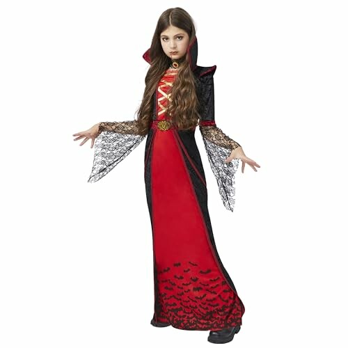 Child in a red and black vampire costume with long sleeves.