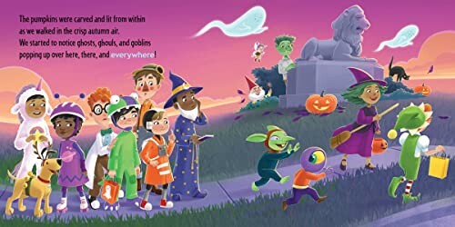 Children in various Halloween costumes with a ghost and a green creature.