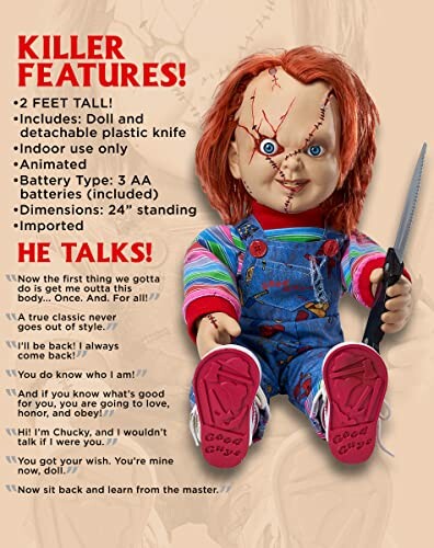 Chucky doll with features and quotes description.