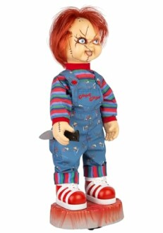 Chucky doll with a knife in hand, wearing colorful overalls.