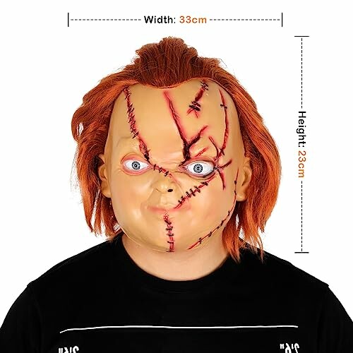 Chucky mask with red hair and stitches, dimensions labeled.