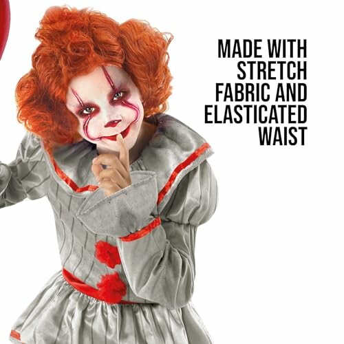 Child in clown costume with red balloon and text about fabric.