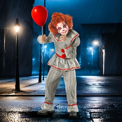 Creepy clown holding a red balloon on a rainy street at night.