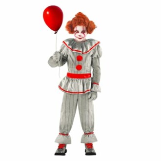 Clown holding a red balloon in costume