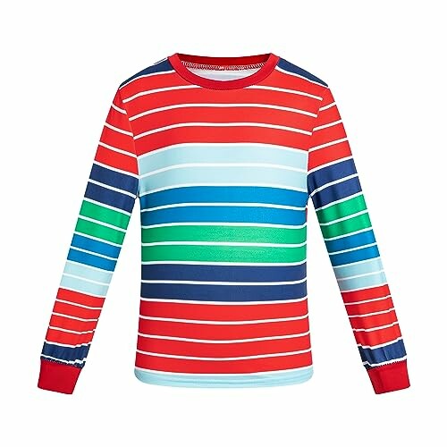 Long-sleeve shirt with colorful horizontal stripes.