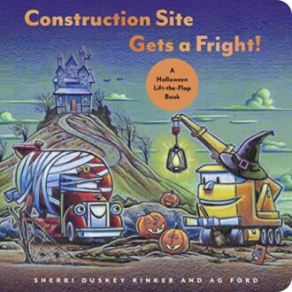 Halloween-themed children's book cover with construction vehicles and pumpkins.