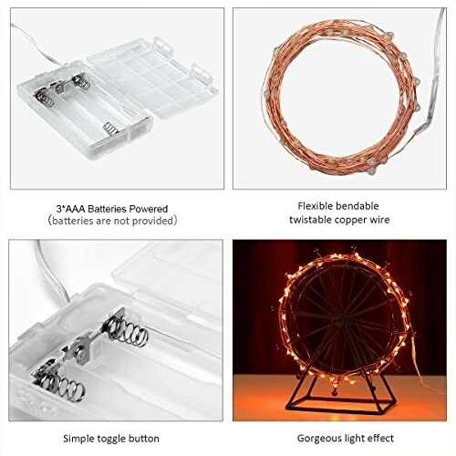 Copper wire lights with battery case and toggle button.