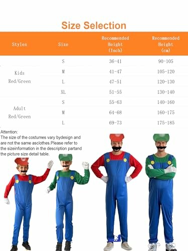 Size chart for kids and adult costumes with recommended height.