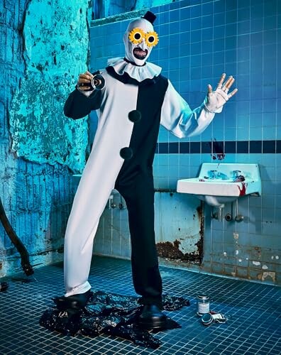 Clown in black and white costume with camera in a creepy bathroom.