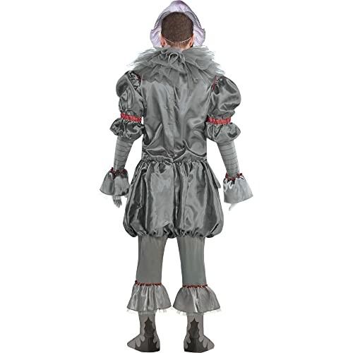 Back view of a creepy clown costume with gray ruffles and red accents.